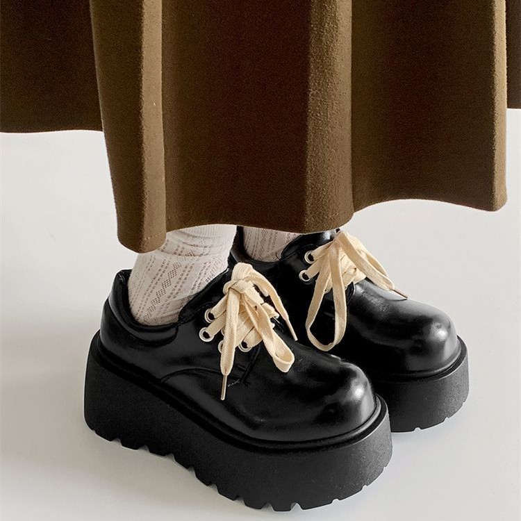 Retro British Matte Black Thick Sole Increased By Lace-up Leather Shoes - Image 3