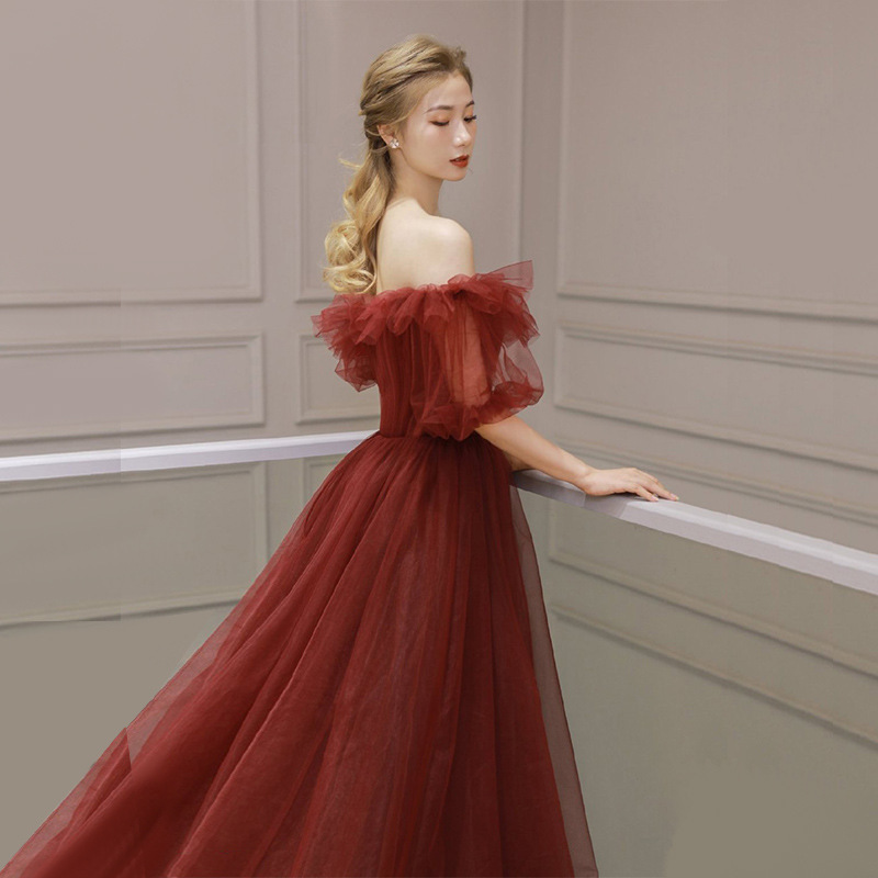Red Tulle Off Shoulder Full Length Princess Ball Gown - Image 5