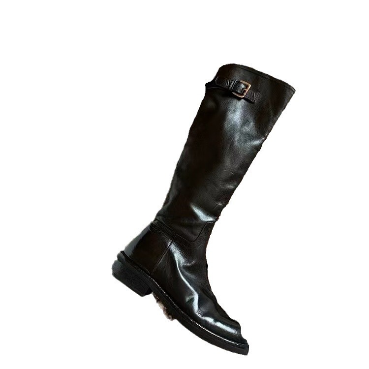 Washed Horse Leather Belt Buckle Thick Bottom Thigh High Boots Women - Image 5