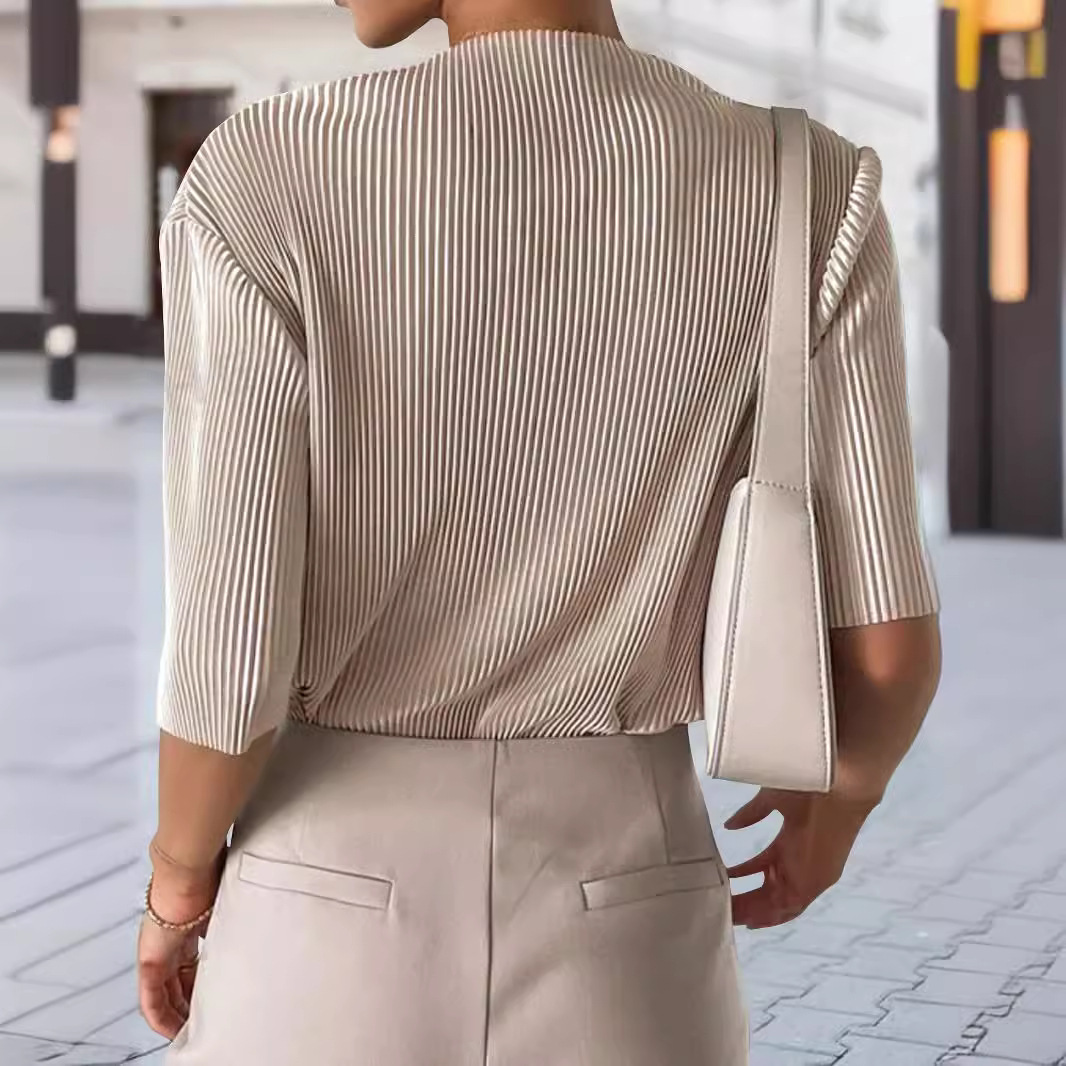 Vertical Striped Puff Sleeve Slim Knitwear Short Sleeve Top - Image 2