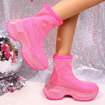 Women's Sparkling Rhinestone Ankle Boots, Thick-soled High Heels, Pink Disco Party Shoes, Fashionable Punk Rock Sequin Evening Boots