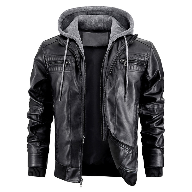 Hooded Jacket With Zipper Pockets Fashion Warm Pu Leather Coat Mens Clothing - Image 5