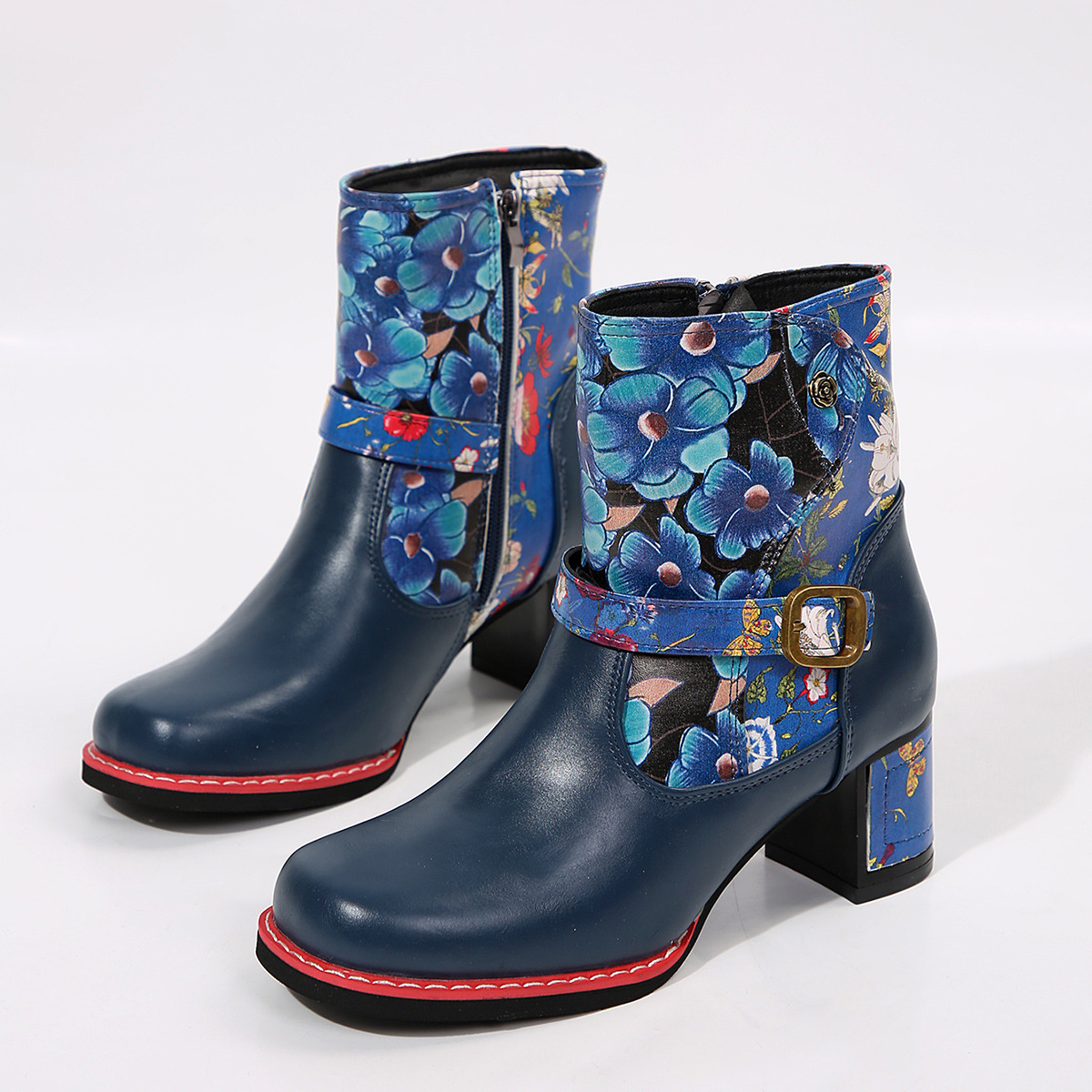 Women's Printed Stitching Round Head Thick Bottom Bootie - Image 7