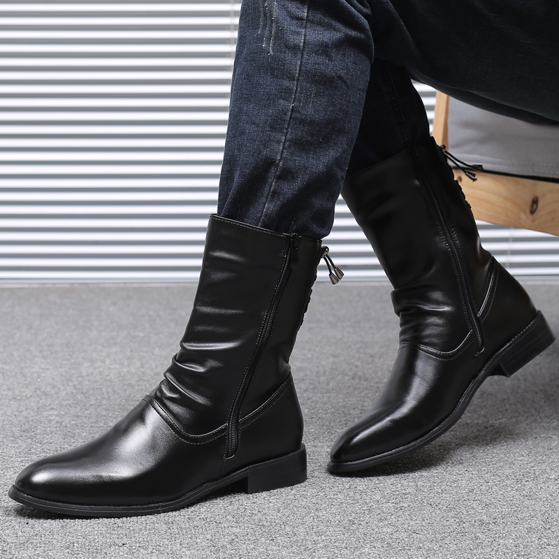 Pointed Leather Boots Men's British Korean High-top Leather Shoes Mid-calf Length - Image 3