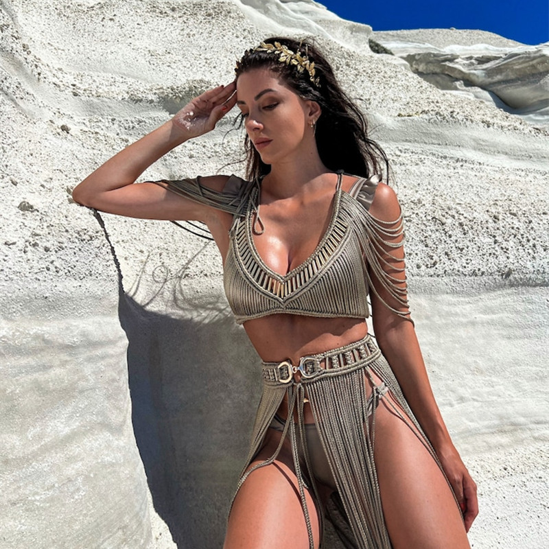 Women's Hand-woven Tassel Dress Creative Beach Travel Sexy Split Chest Wrap – Bild 3