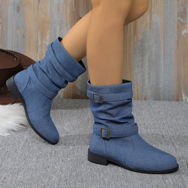 Square Heel Round Toe Women's Denim Leather Boots