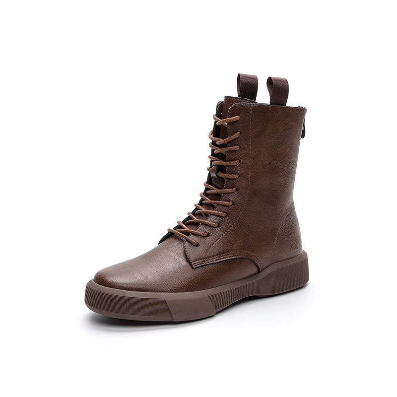 Flat Heel Retro Low Leather Boots Soft Bottom Lace Up Back Zipper — изображение 5