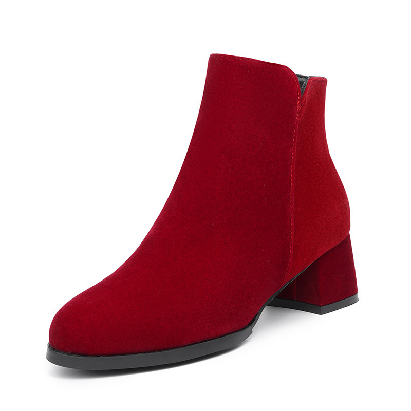 Pointed-toe Frosted Suede Side Zipper Chunky Heel Mid Heel Plus Size Female Boots - Image 7