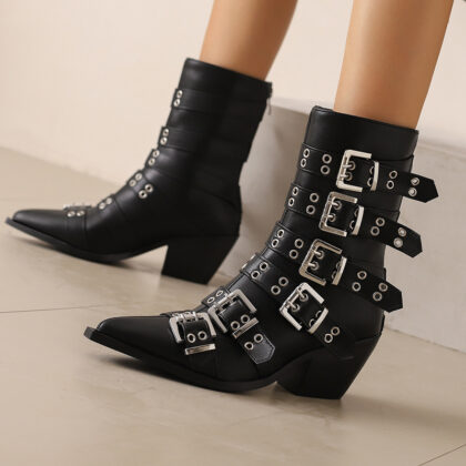 Autumn And Winter Pointed Knight Women's Boots Plus Size Punk Belt Buckle Booties