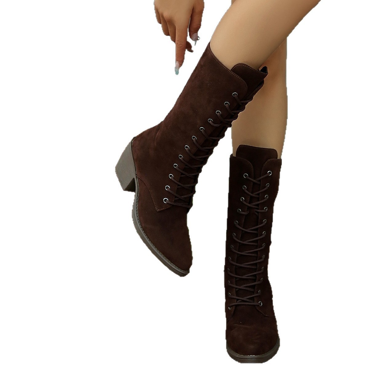 Mid-calf Fashion Suede Lace-up Pointed Chunky Heel Women's Boots - Image 5