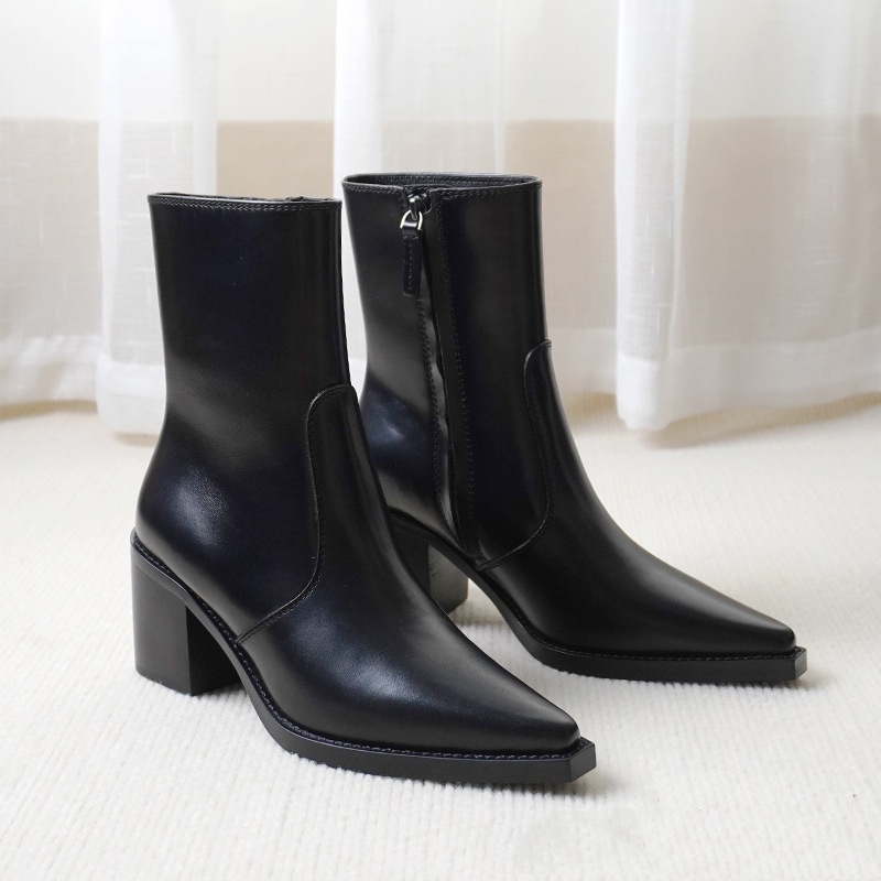 Autumn And Winter Genuine Leather Chunky Heel Martin Boots Ankle Boots - Image 4