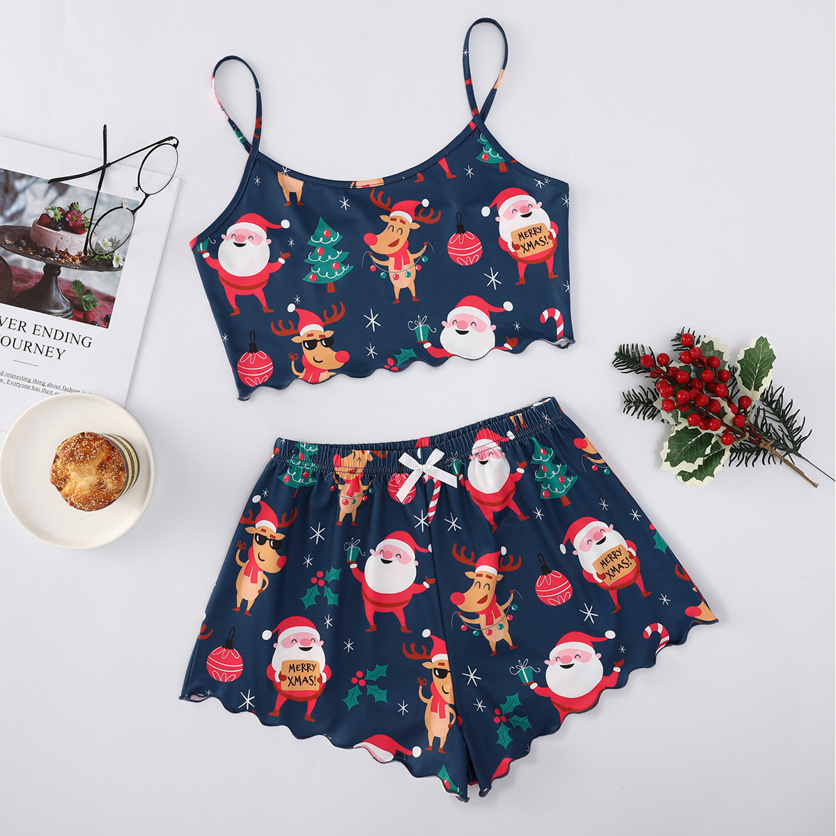 Christmas European And American Thin Pajamas Women's Sleeveless Shorts Milk Silk Simple Casual Two-piece Suit Homewear - Image 10