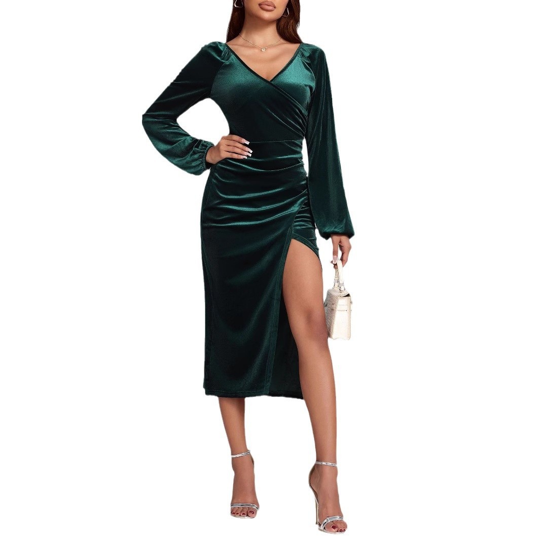 V-neck Velvet Dress Pleated Split Dress - Image 5