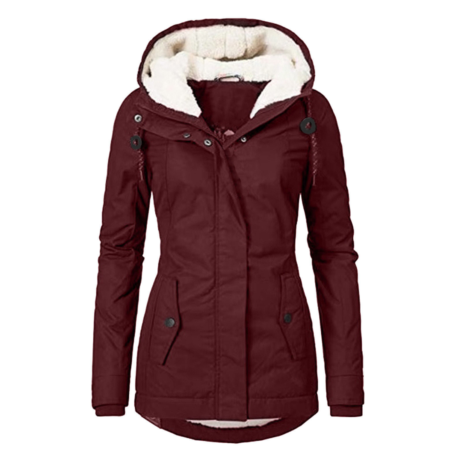 Winter Hooded Jacket Solid Color Warm Buckle Zip-up Fleece Jacket With Pockets Women's Casual Jacket - Image 7
