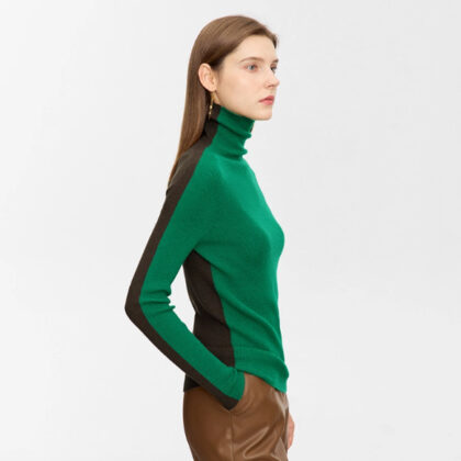 Color-blocked Turtleneck Wool Sweater For Women, Slim Fit, Two-way Knit Base Layer