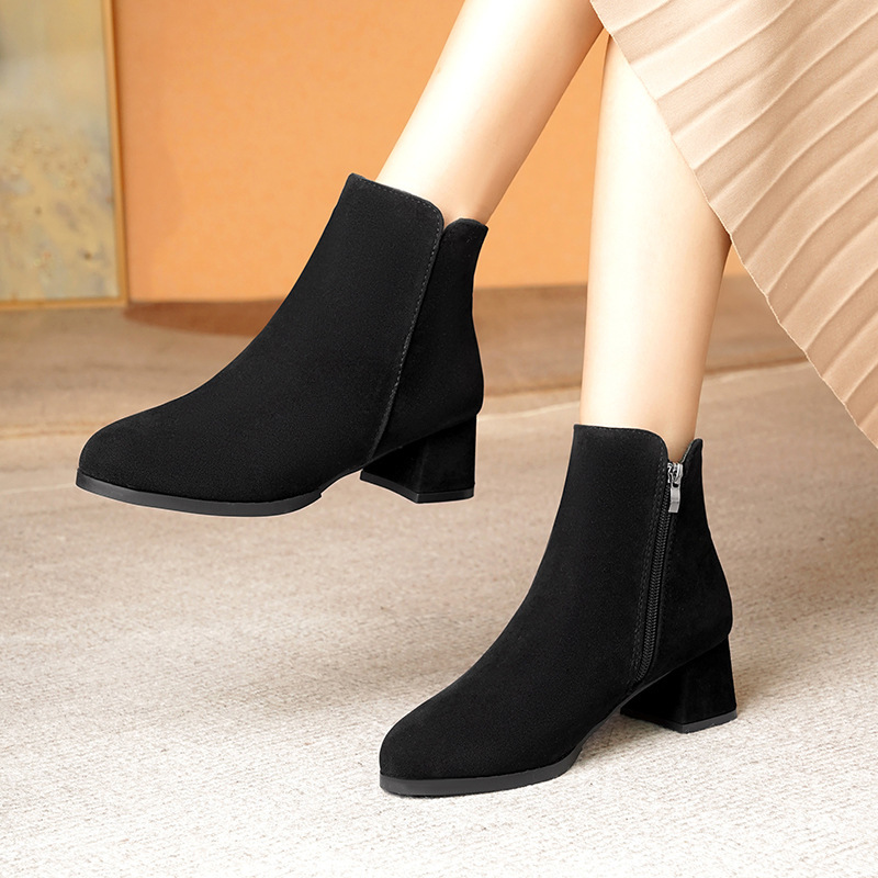 Pointed-toe Frosted Suede Side Zipper Chunky Heel Mid Heel Plus Size Female Boots - Image 2
