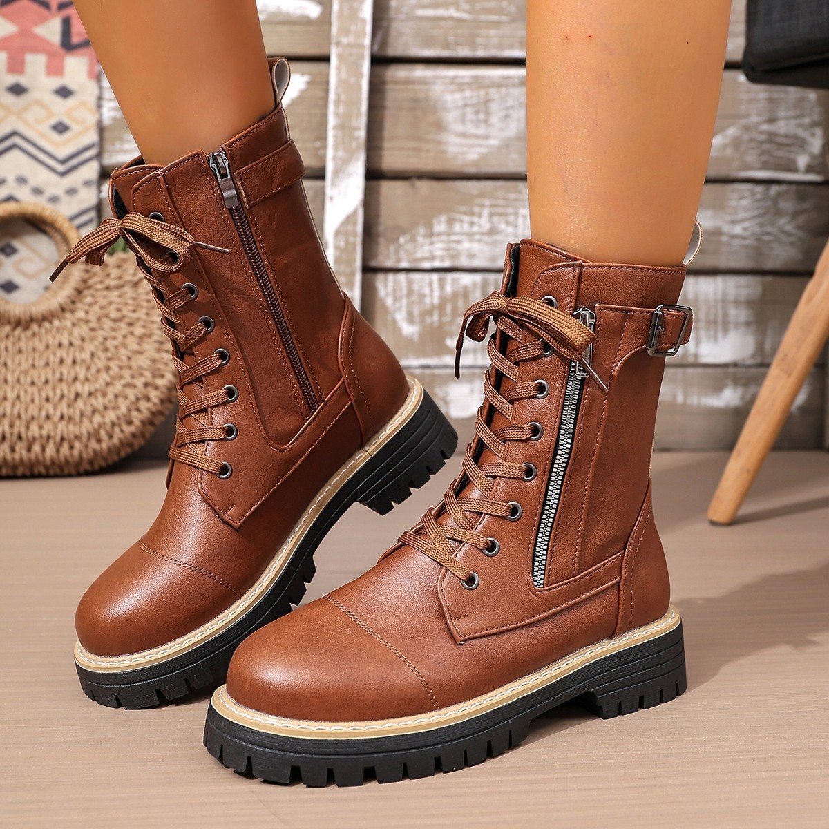New Women's Solid Color Low Heel Middle Boots - Image 8