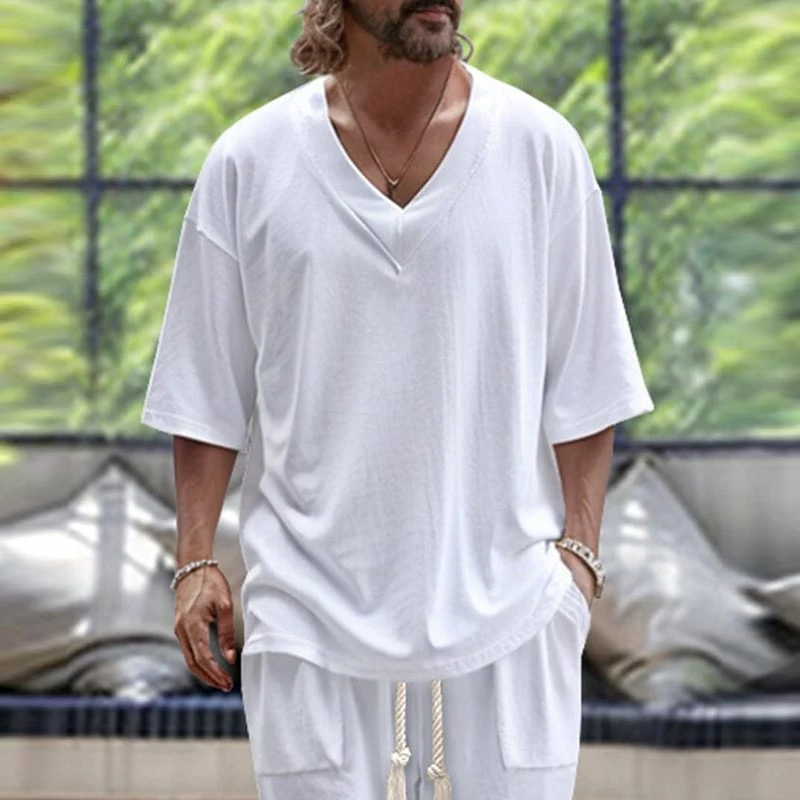 Men's Casual Solid Color Pullover V-neck Short Tube Drawstring Cufflinks Design Trousers Suit - Image 2