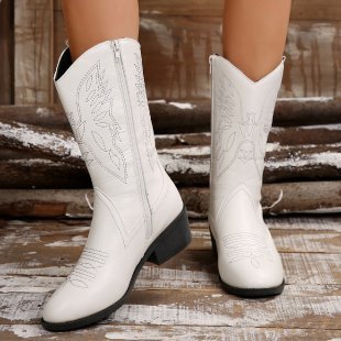 Female Mid-calf Length Solid Color Pointed Chunky Heel Martin Boots - Image 7