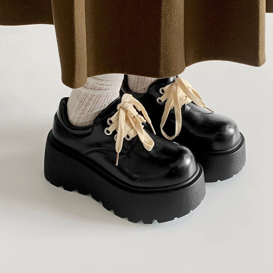 Retro British Matte Black Thick Sole Increased By Lace-up Leather Shoes - Image 6