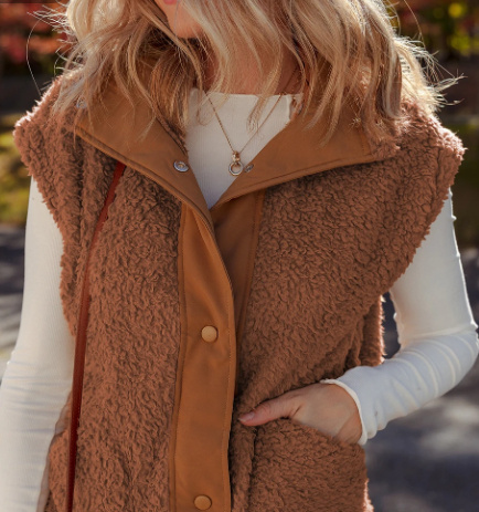 Cinnamon Faux Fur Snap-front Knot Side Plush Vest With Pockets - Image 5