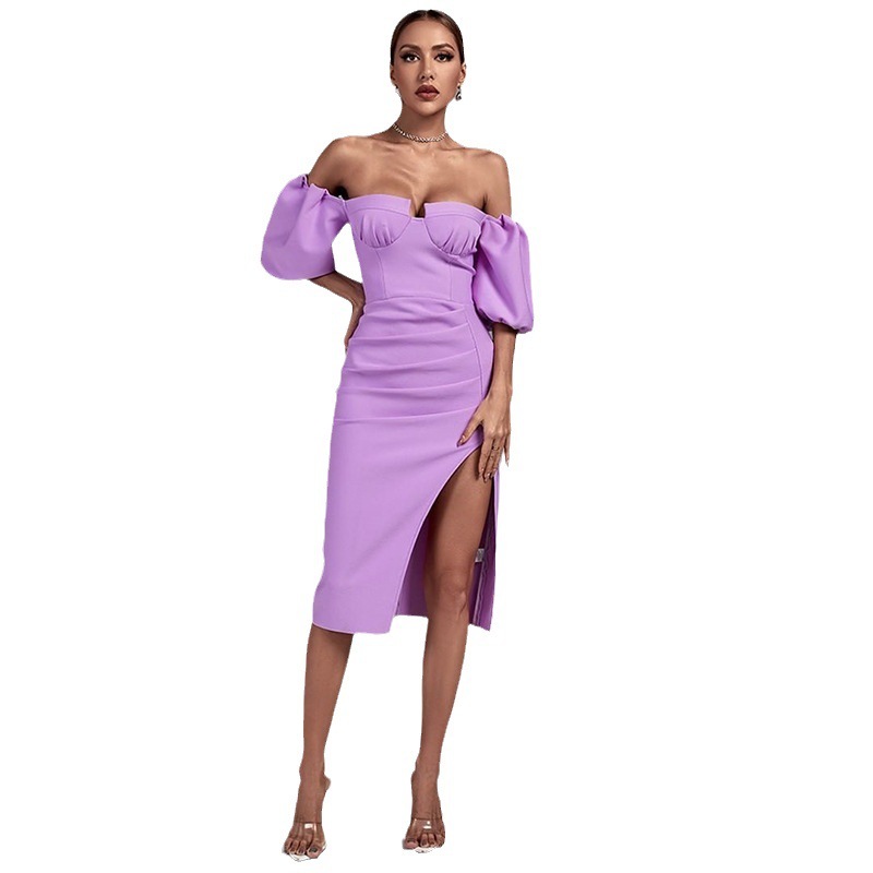 Women's Solid Color Lantern Sleeve Bandage Dress – Bild 4