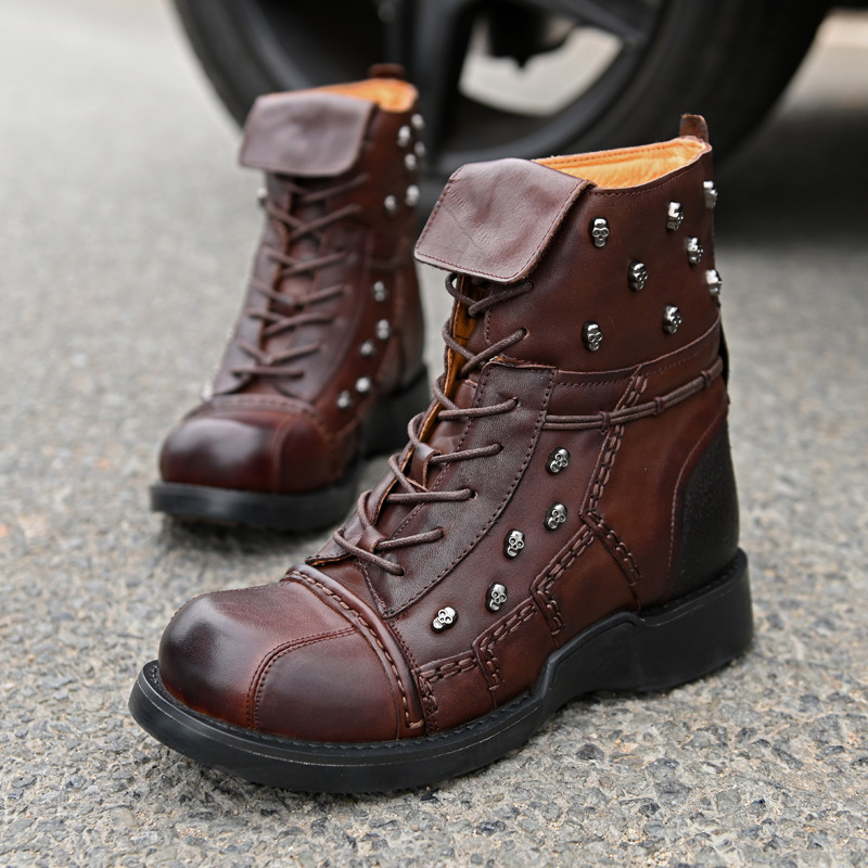 Men's Warm Work Clothing Motorcycle Waterproof High-top Steampunk Leather Boots - Image 3