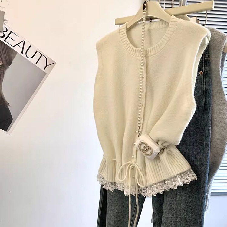 Lace Edge Stitching Soft Glutinous Lace-up Waist-tight Short Temperament Vest - Image 2