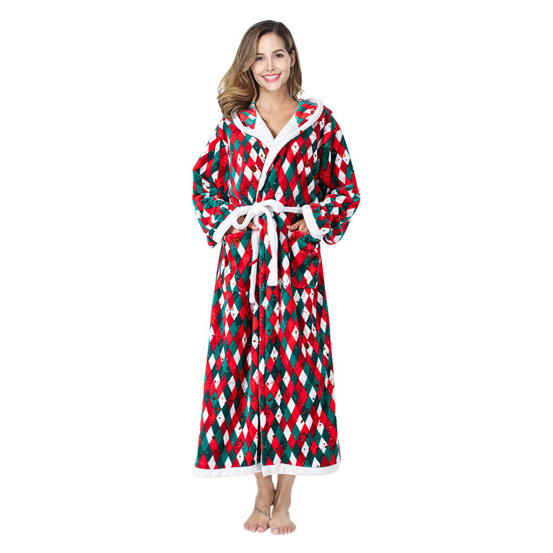 Christmas Sleepwear Women Fleece Hooded Bathrobe Plush Long Robe Winter - Image 6