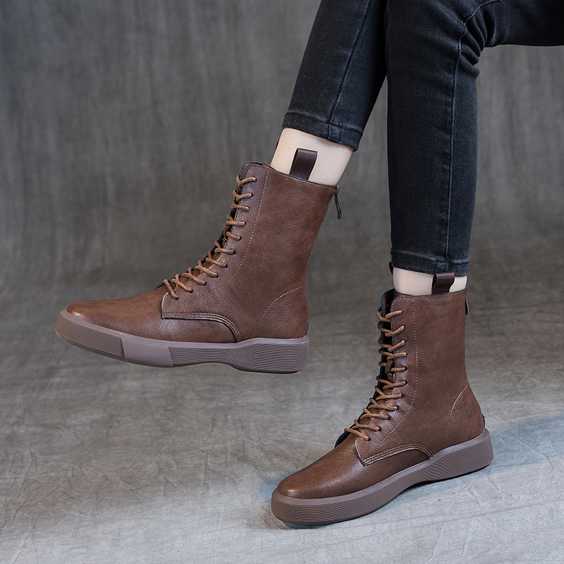 Flat Heel Retro Low Leather Boots Soft Bottom Lace Up Back Zipper — изображение 3