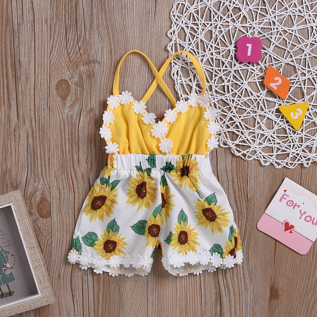 Children's Clothing Girls Baby Jumpsuits Children Sunflower Sling Lace Jumpsuit - Image 2
