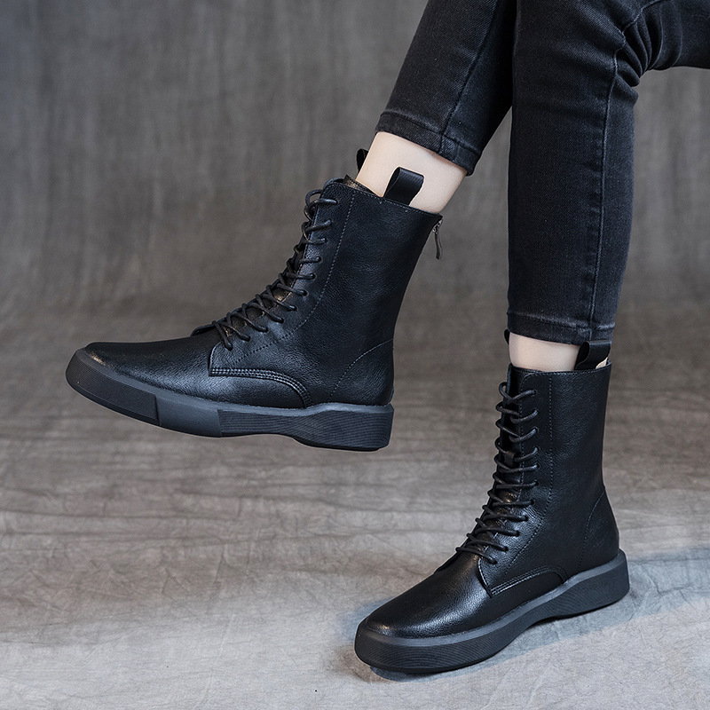 Flat Heel Retro Low Leather Boots Soft Bottom Lace Up Back Zipper — изображение 4