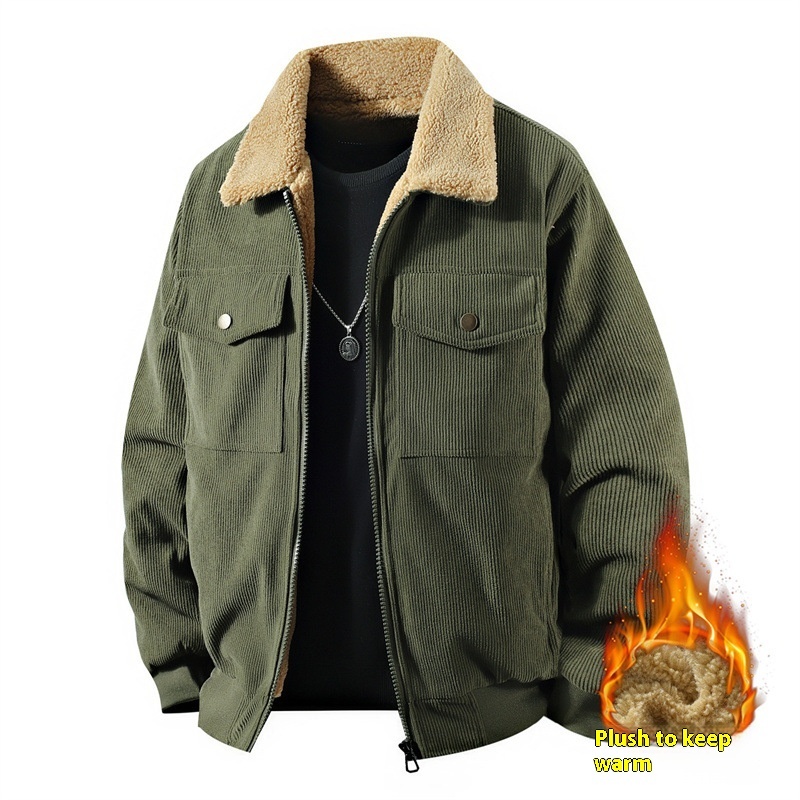 Fleece Corduroy Cotton Coat Jacket Men's Loose Casual Polo Collar Coat - Image 8
