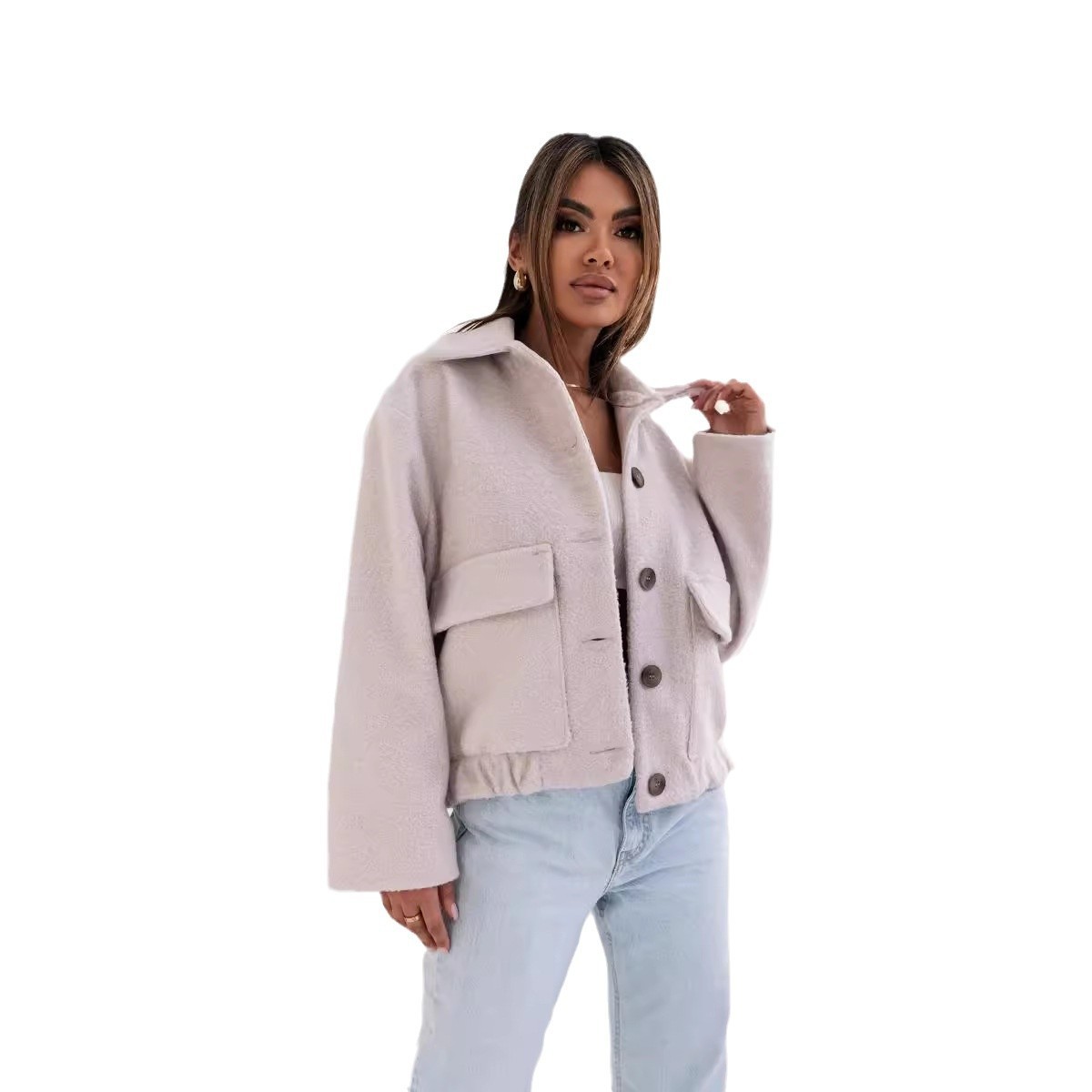 Women's Solid Color Casual Button Woolen Jacket - Image 5