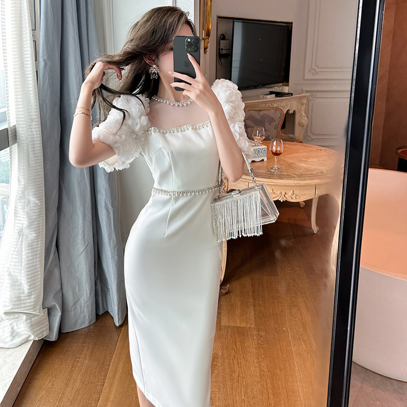 Round Neck Beaded White Slim Fit Long Dress — изображение 2