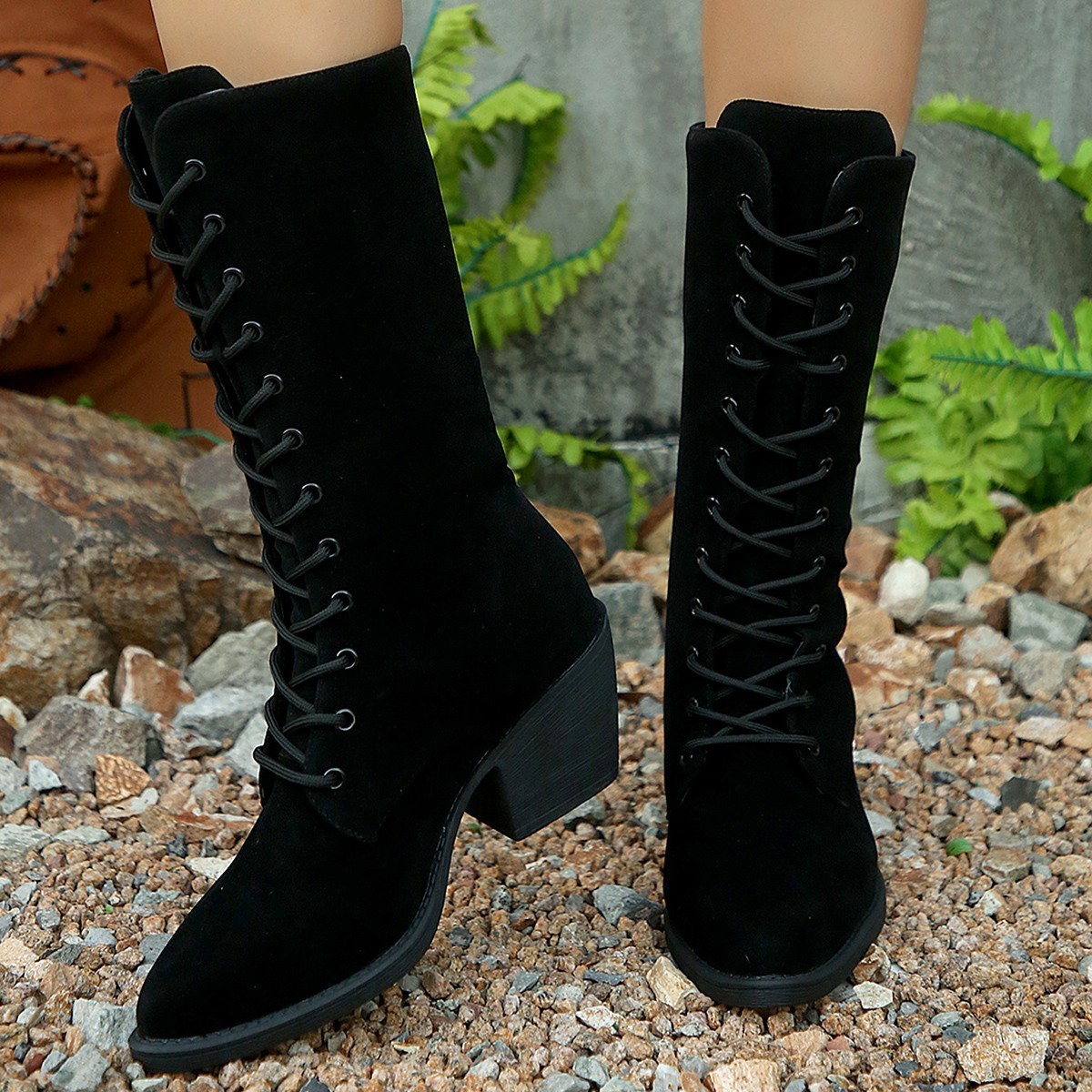 Mid-calf Fashion Suede Lace-up Pointed Chunky Heel Women's Boots - Image 3