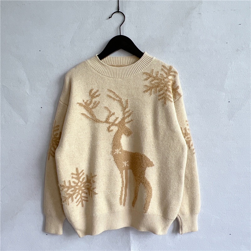Round Neck Long Sleeve Christmas Sweater Snowflake Deer Jacquard Sweater – Bild 3