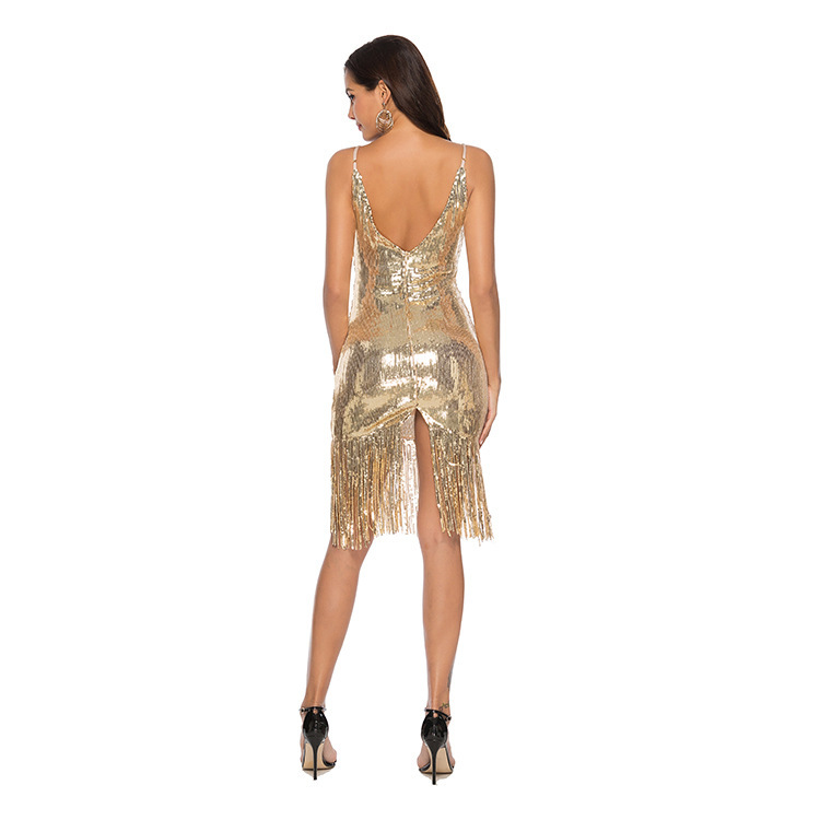 Deep V-Neck Sequined Fringed Backless Slip Dress — изображение 2