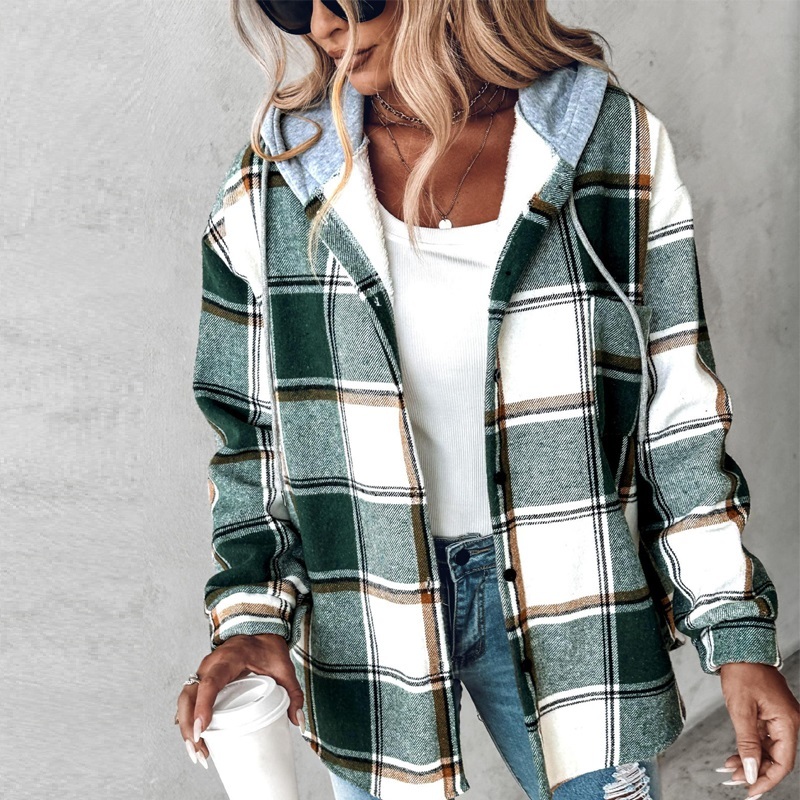 Plaid Hooded Jacket Fashion Casual Button Pocket Coat Autumn And Winter Women's Clothing — изображение 10