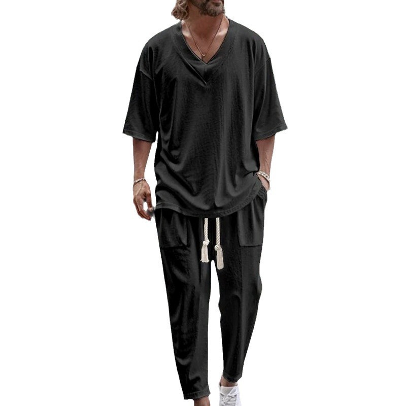 Men's Casual Solid Color Pullover V-neck Short Tube Drawstring Cufflinks Design Trousers Suit - Image 4
