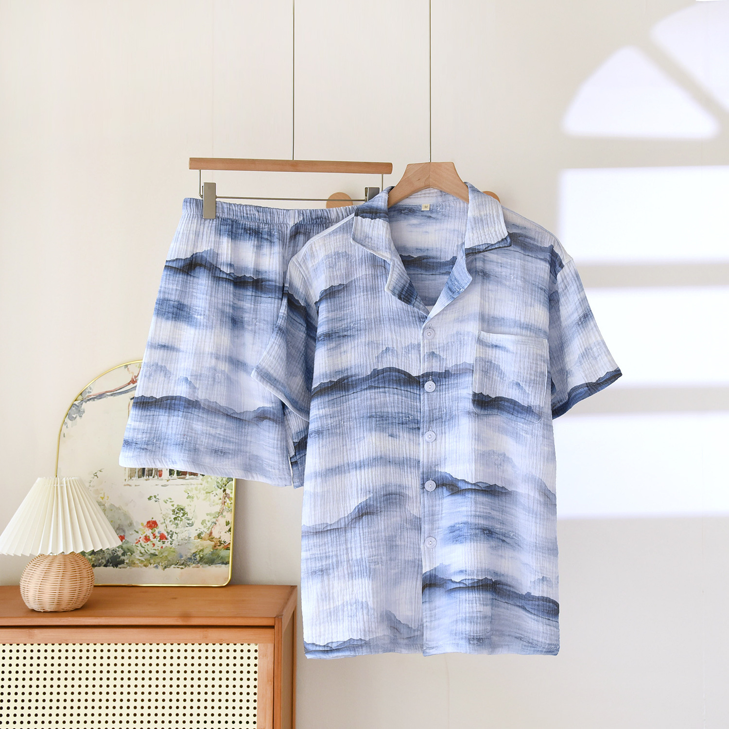 Cotton Double Yarn Crepe Short Sleeve Shorts Men's Pajamas Suit — изображение 4