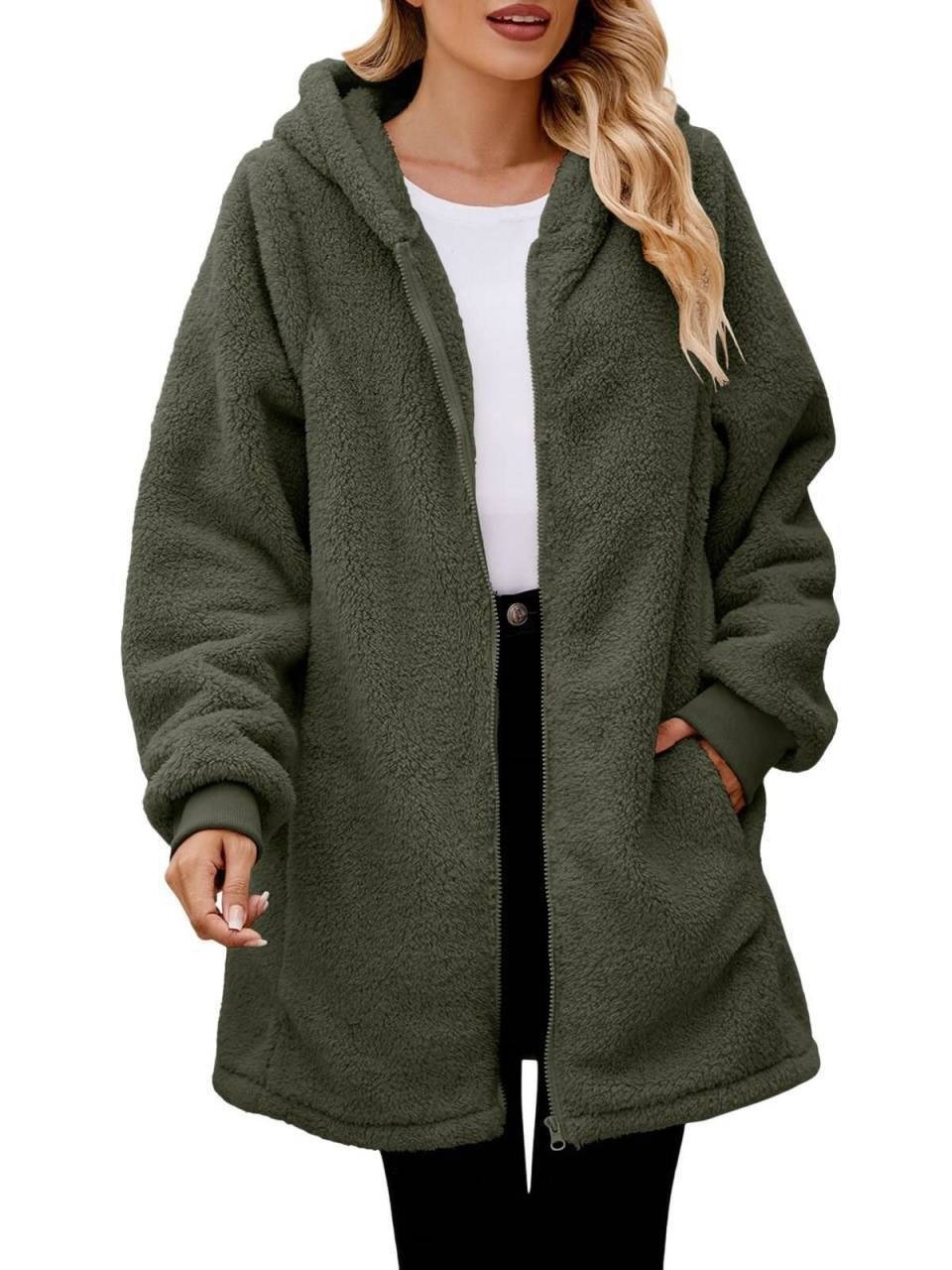 Loose Plush Women's Long Sleeve Hooded Zip Cardigan Coat - Image 9