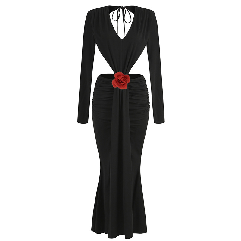 Sexy V-neck Backless Long Sleeves Skirt Waist Decorative Flower Split Fishtail Gown Dress Long – Bild 5