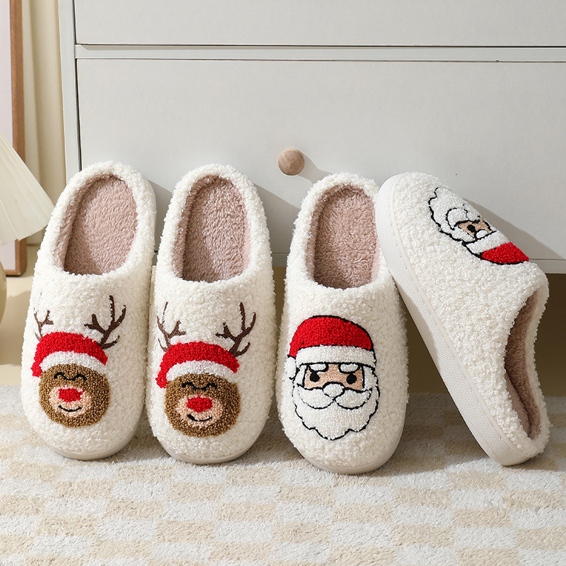Christmas Home Slippers Cute Cartoon Santa Claus Cotton Slippers For Women And Men Couples Winter Warm Furry Shoes — изображение 3