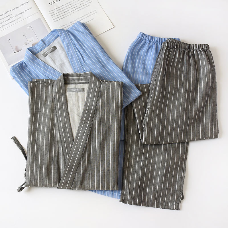Cotton Double-layer Pajamas Striped Japanese Lace-up Suit - Image 2