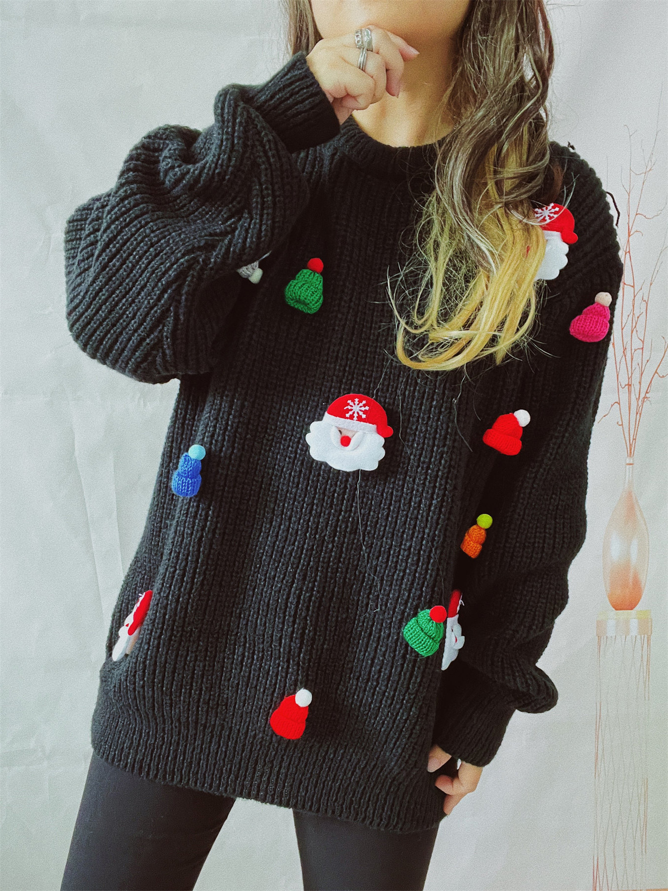 Women's Cute Fashion Santa Claus Three-dimensional Decoration Round Neck Long Sleeve Sweater - Image 2