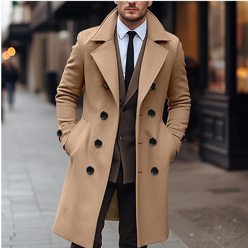 Fall Winter Men Woolen Coat Double Breasted Long - Image 8