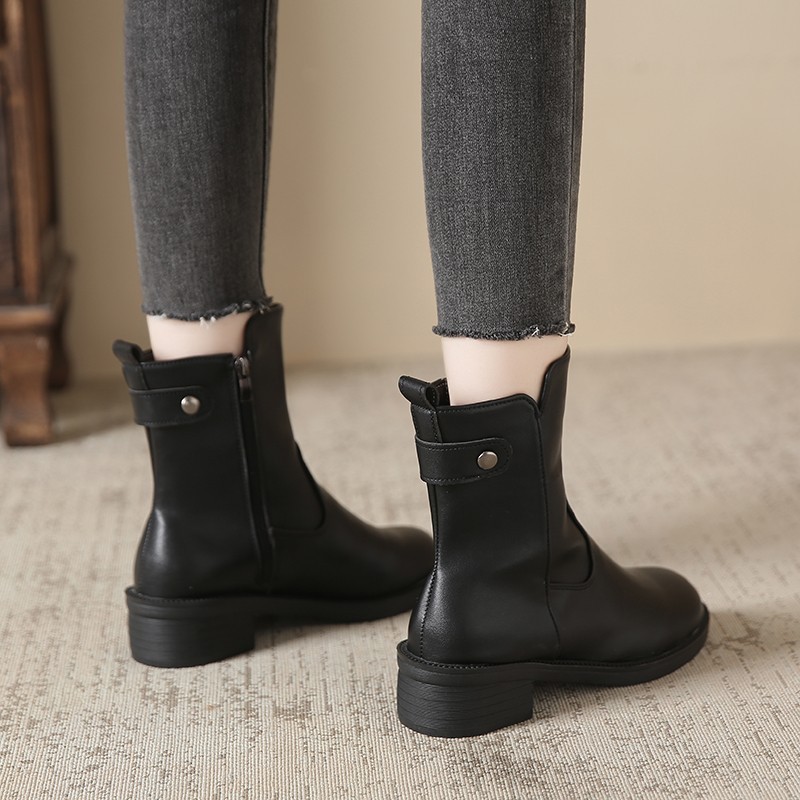 Women's Low Heel Round Toe Boots Side Zip Short Boots - Image 3