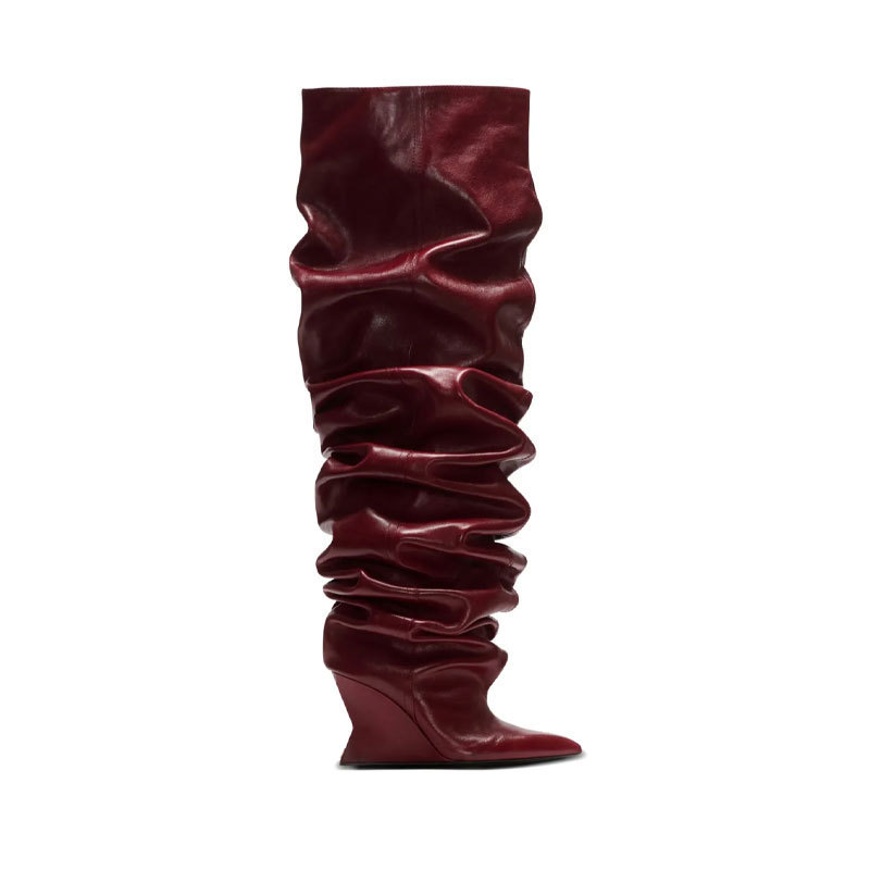 Catwalk Pleated Over-the-knee Boots Female Pointed Toe Wedge High-heel Boots - Image 5