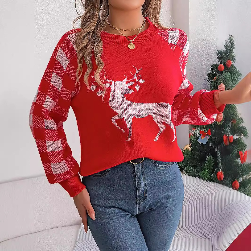 Christmas Women's Casual Plaid Deer Long Sleeve Pullover Sweater - Image 4